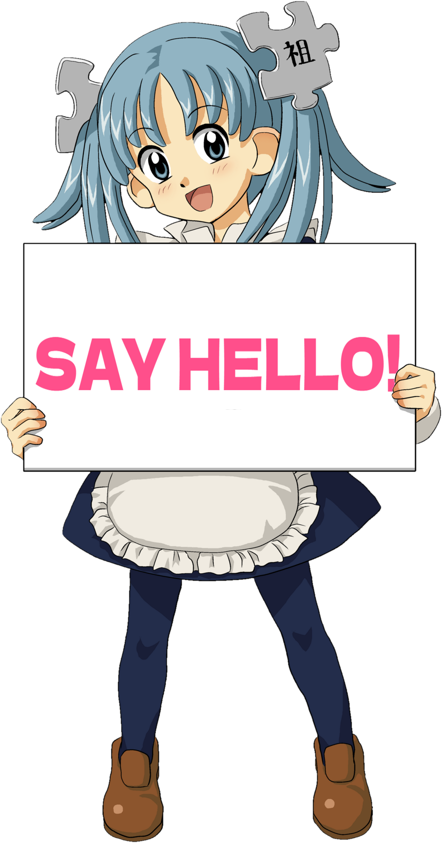Anime character holding up a sign